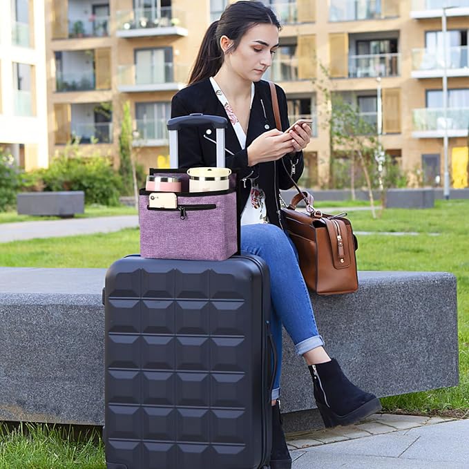 ZHCHG Luggage Travel Cup Holder Attachment for Suitcase Drink Carrier Caddy, Coffee Mug and Tumblers, Traveler Carry on Hands Free Accessory- Gifts for Flight Attendants Travelers Accessories (Purple)