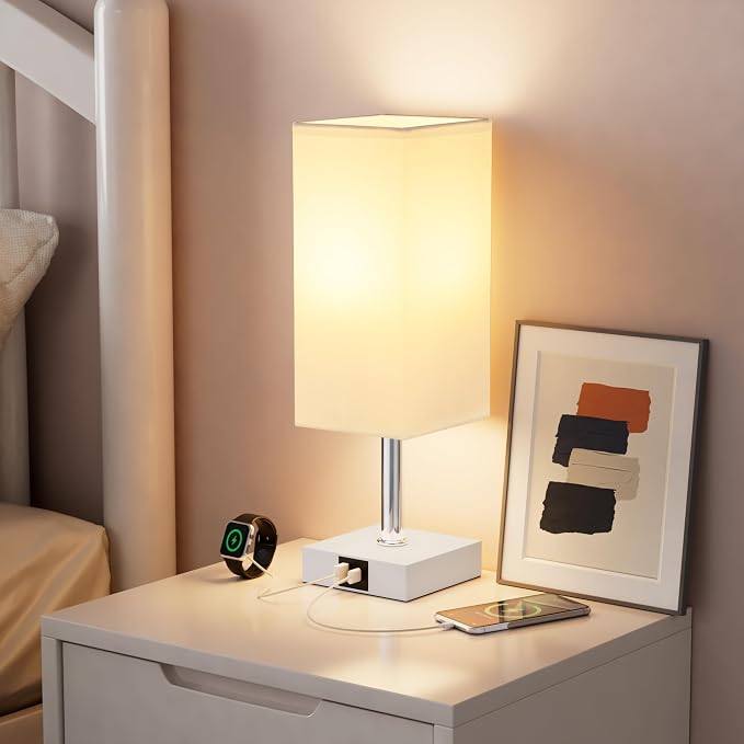 Touch Table Lamp for Bedroom - Dimmable, USB C+A, White Lamphade White Base | 3-Way Dimmable, 3000K LED Bulb Included, Square Lampshade, Cute Room Decor for Teen Girls, Kids, Small Lamp for Dorm, Nursery