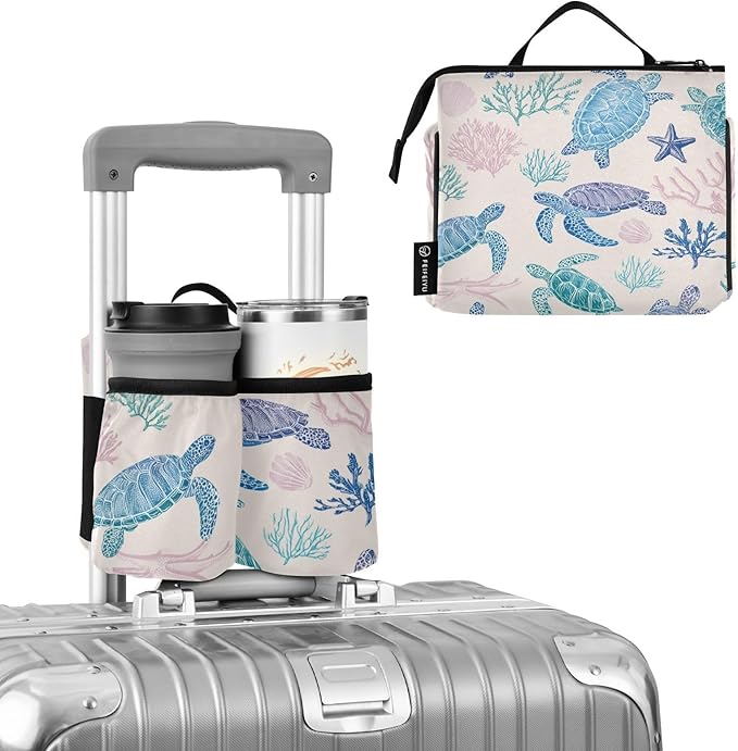 Line Turtles Starfish and Coral Luggage Cup Holder Travel Portable Free Hand Drink Carrier Suitcase Drinks Beverage Holder Carry-On Bottle Mug Holder Organizer Bag Travelers Accessories