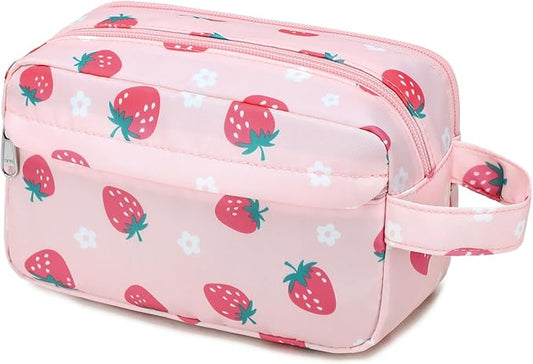 CAMTOP Travel Toiletry Bag for Kids Cute Toiletry Bags for Boys Girls Waterproof for Toiletries Accessories Bathroom Stuff (Pink Strawberry)