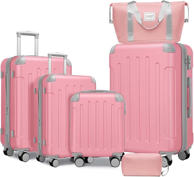 6 Piece Luggage Set Hard Shell - Pink Expandable Suitcases with Spinner Wheels and Duffel Bags for Family Travel, Durable Carry On Luggage Sets with Lock for Women and Men