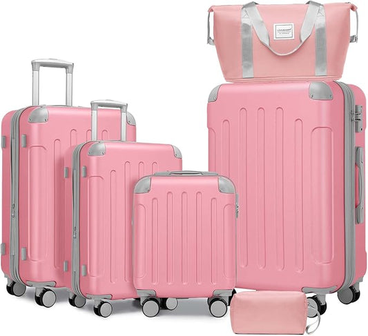 6 Piece Luggage Set Hard Shell - Pink Expandable Suitcases with Spinner Wheels and Duffel Bags for Family Travel, Durable Carry On Luggage Sets with Lock for Women and Men