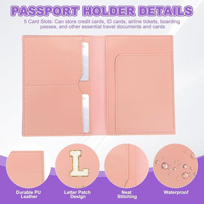 PATIKIL Passport Holder for Travel, Initial Passport Cover and Luggage Tag Set with Alphabet Chenille Letter Patch Travel Wallet Bag Suitcase Identifier for Women Family Travel Pink L