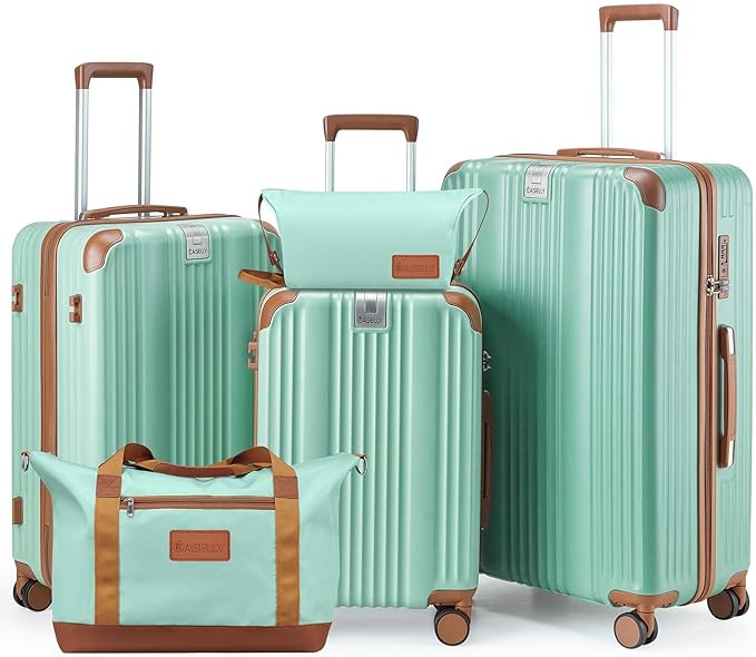 Luggage Set 3 Piece with Cup Holder,Hardshell TSA Lock Spinner Wheels Carry on Lightweight Suitcase，Hook and YKK Zippers for Valentine Gifts (Green, 5 piece sets(20/24/28/DB/TB))