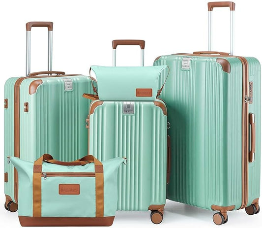 Luggage Set 3 Piece with Cup Holder,Hardshell TSA Lock Spinner Wheels Carry on Lightweight Suitcase，Hook and YKK Zippers for Valentine Gifts (Green, 5 piece sets(20/24/28/DB/TB))