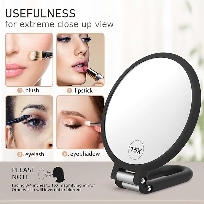 CLSEVXY Magnifying Handheld Mirror Double Sided, 1X 15X Magnification Hand Mirrors, Travel Folding Hand Held Mirror, 360°Rotation Pedestal Makeup Vanity Mirror