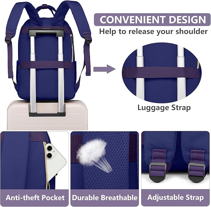 Laptop Backpack for Women Work Bag - 15.6 inch Travel Backpack Purse with USB Charger College Bookbag Waterproof Cute Casual Daypack Fashion Business Computer Backpacks for Teacher Nurse Purple Blue