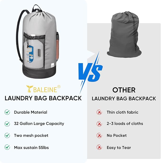 BALEINE 120L Laundry Bag Backpack, 900D Oxford Fabric Large Travel Laundry Bags with Shoulder Straps and 2 Mesh Pockets for College Dorm, Apartment, Laundromat (Gray, 120L)