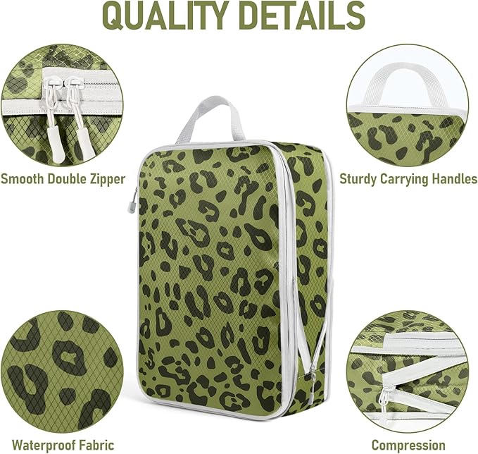 4 Set Compression Packing Cubes For Travel Bags Organizer For Luggage Suitcase Organizer, Compression Bags For Travel Accessories Luggage Storage Set (4 Pcs, Green Leopard)