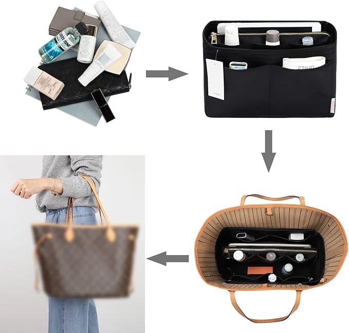 ZTUJO Purse Organizer Insert, Felt Bag Organizer with Metal Zipper, Handbag & Tote Shaper, For Speedy Neverfull Tote, 7 Sizes
