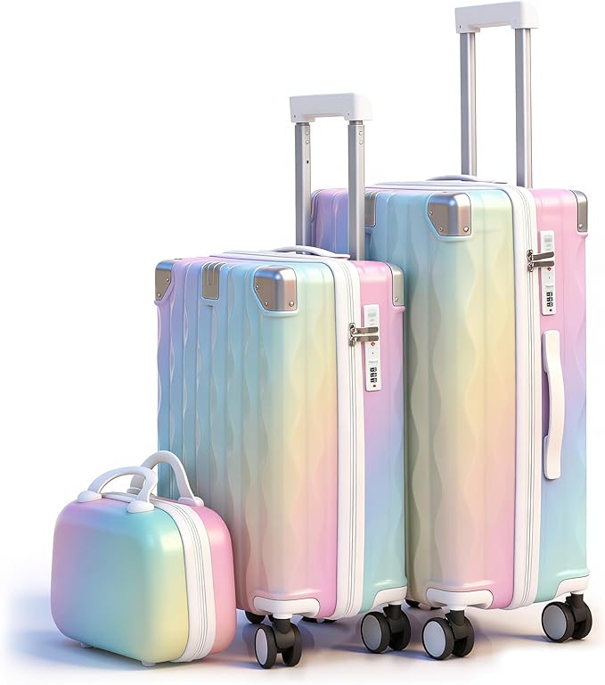 Carry On Luggage with Spinner Wheels,PC Hard Shell Suitcase with USB Port,Lightweight Travel Luggage Airline Approved for Men Women,Colorful,3-Piece Set (14/20/24)