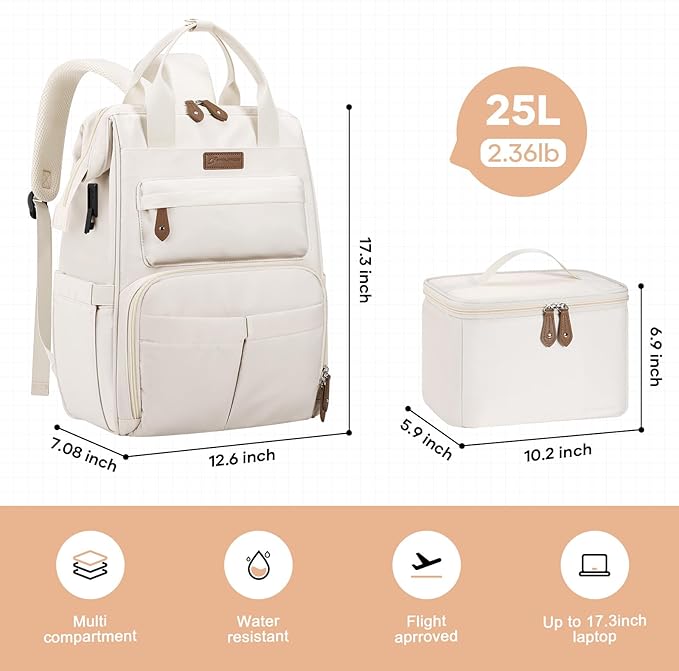 Maelstrom Travel Backpack for Women Men,Laptop Backpack Fits 15.6-17.3 Inch Laptop, Nurse/Work Bag with Insulated Lunch Box (Beige)