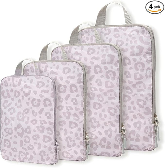 WOOMADA Compression Packing Cubes for Suitcases Travel Essentials 4 Set Expandable Travel Bags Organizer for Luggage(pink leopard)