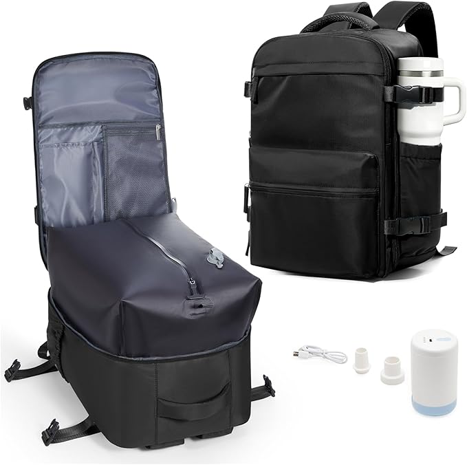 VECAVE Vacuum Travel Backpack with Pump for Women, Personal Item Carry on Backpacks Flight Approved for Men,Laptop Waterproof Work Compression bags Casual Daypack(Black)