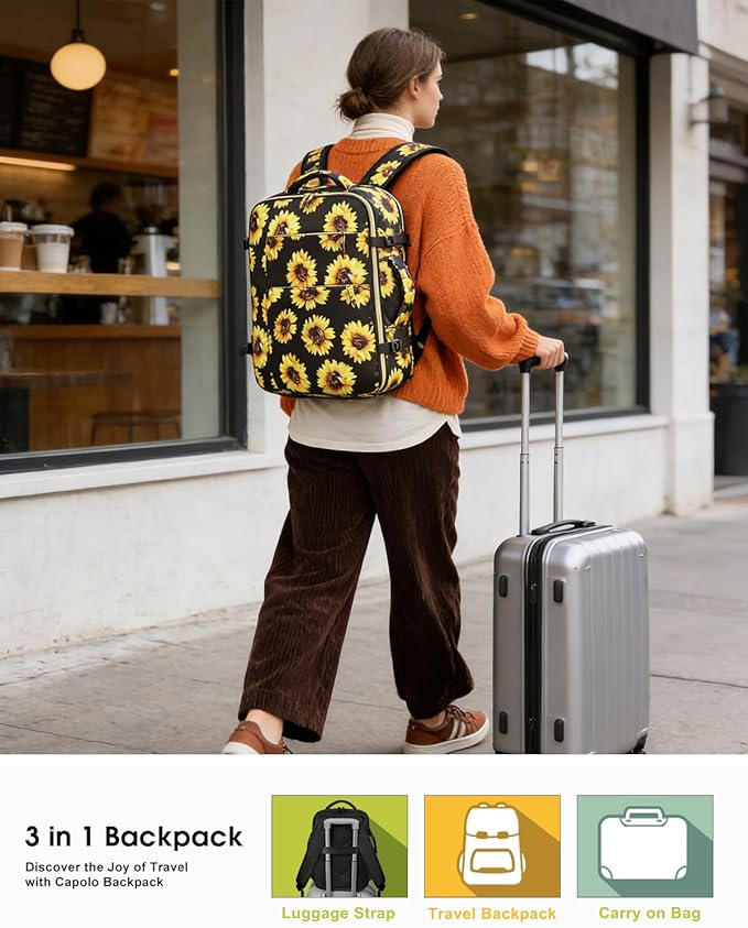 Capolo Travel Backpack for Women Men Waterproof Laptop Backpack Airlines Approved Carry On Backpack Bag Computer Bookbag for Business, Work, Traveling Fits 17 Inch Laptop(Sunflower)