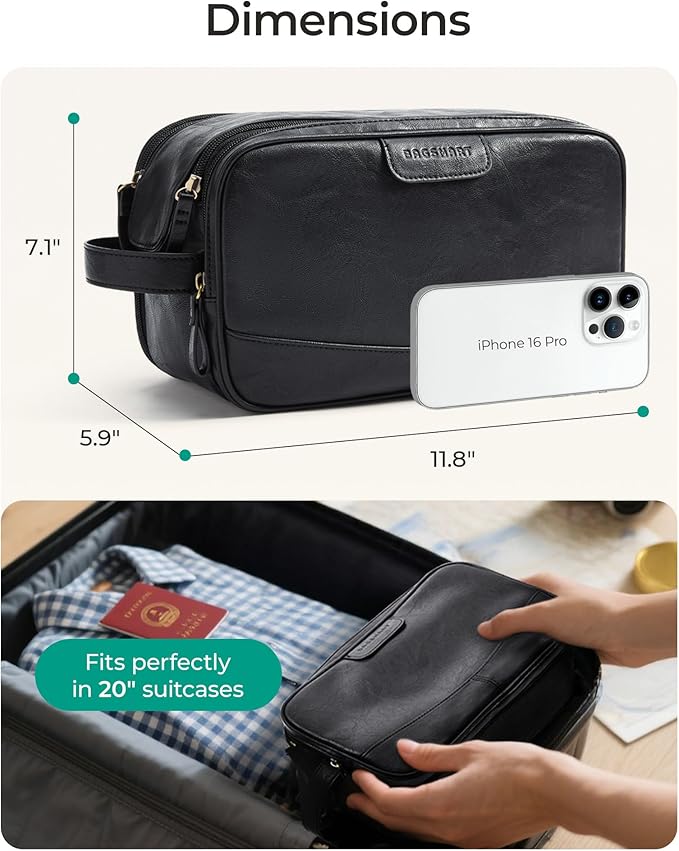 BAGSMART Large Toiletry Bag for Men, High-gloss PU Leather Travel Bag for Toiletries, Dopp Kit Water Resistant Shaving Bag for Bathroom Shower-Black