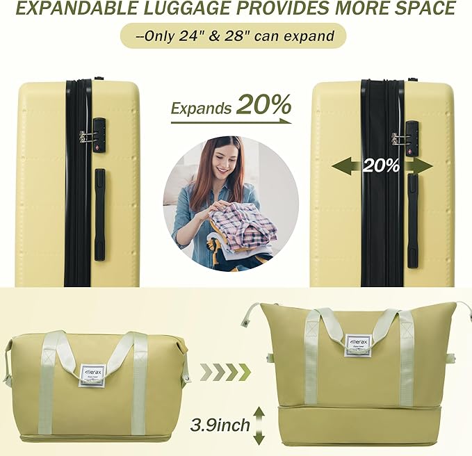 Merax Luggage Sets 5 Piece, Hardside 20" Half-opening Carry On Suitcase Set with USB Port,Lightweight Travel 24" 28" Luggage with Bags TSA Locks Double Spinner Wheels,Yellow