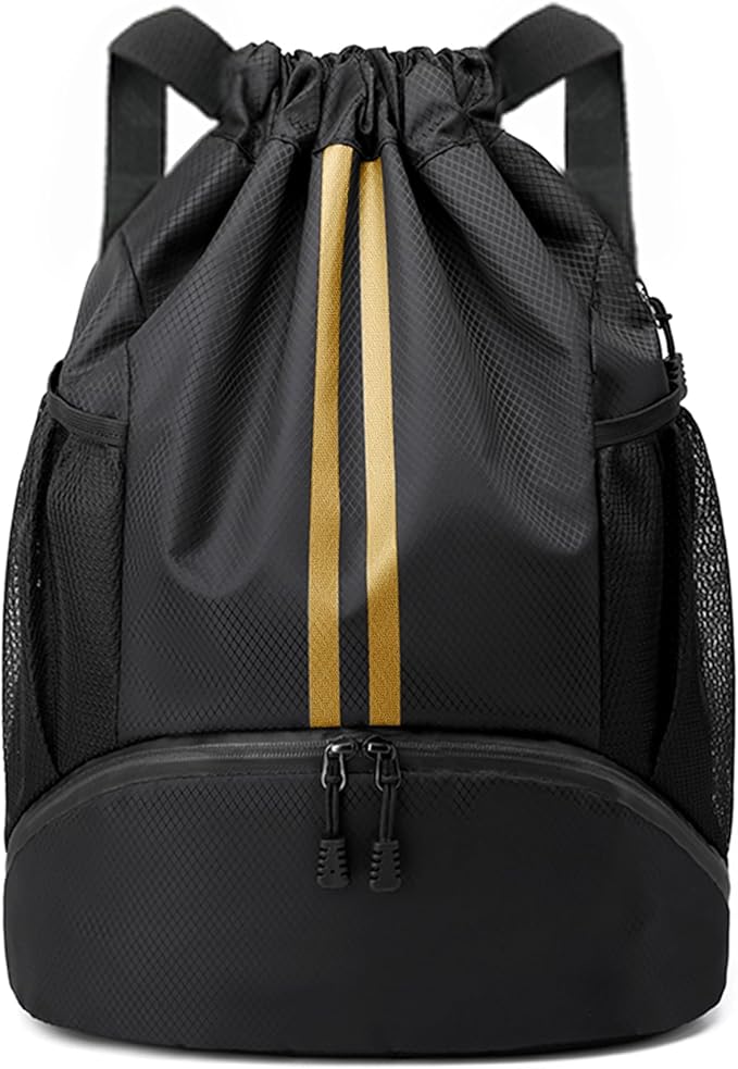 Drawstring Backpack Gym Bag with Shoes Compartment for Soccer, Basketball, Swim, Water-Resistant String Backpack Beach Cinch for Women Men, Black Gold