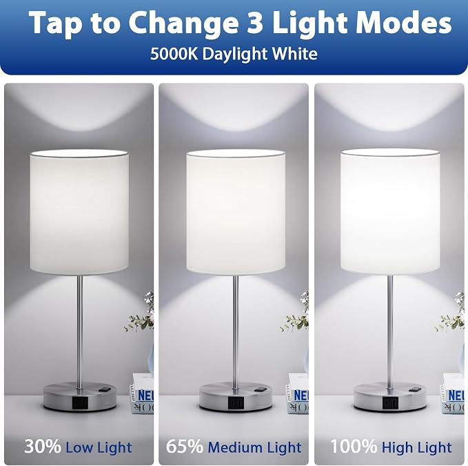 17.6" Silver Touch Lamps for Bedroom Set of 2, Dimmable, USB C+A, AC Outlet | Large 17.6" Tall Lamp, 3-Way Dimming, 5000K Daylight Bulbs, White Lampshade Silver Base, for Living Room, Boys, Men, Girls