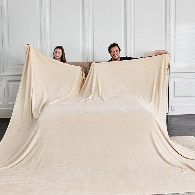 Extra Large 120x120 Inch Giant Soft Cozy Fleece Blanket, Huge Oversized Seamless King 3D Jacquard Decorative California King Blanket for Bed, Couch, Travel - Striped Khaki
