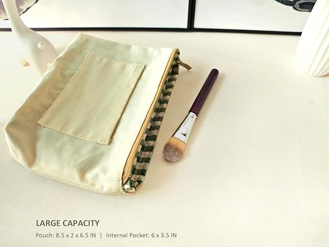 HAPPYHEIDI Khaki Gingham Cotton Makeup Bag Cosmetic Travel Pouch with Bottom, Make Up Purse Organizer, Zipper Closure, Canvas Lined…