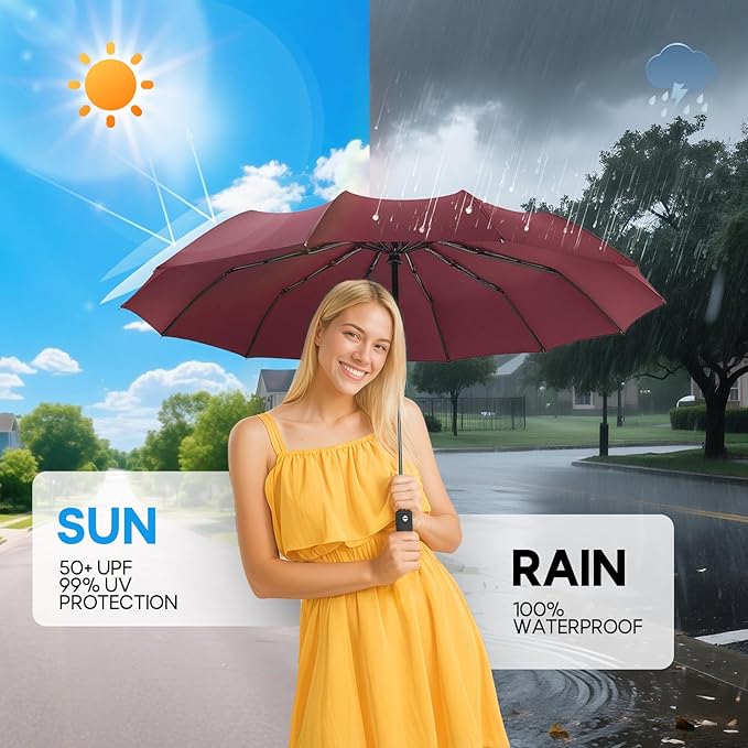 Travel Compact Umbrella, Folding Travel Umbrella for Rain and Shine Small, Windproof Automatic Open/Close, Portable Umbrellas