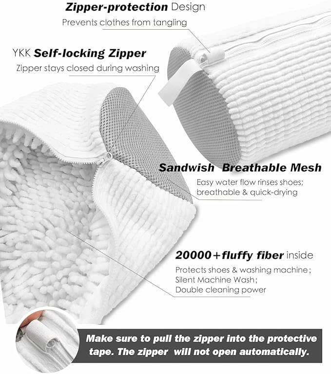Shoe Washing Machine Bag,Laundry Shoe Bag for Washer and Dryer,Reusable Shoe Cleaning Bag for Sneakers,Tennis Shoes,With Self-locking Zipper, Microfiber Inside (Lite White - 2 Pack)