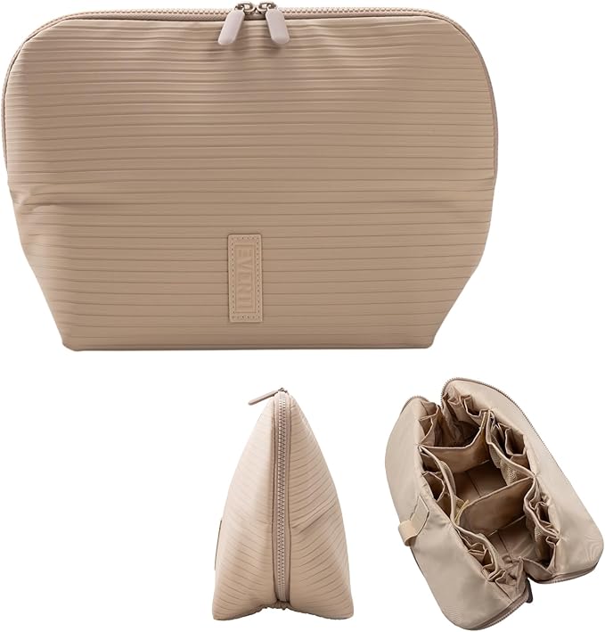 THE VERTI-Vertical Waterproof Makeup & Toiletry Bag | 23-Pocket Organizer with Upright, Fold-Down Design for Skincare, Toiletries & Essentials (Sandstone)