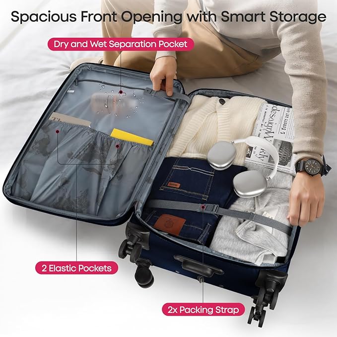 3PCS Set Softside Luggage Sets w/ Spinner Wheels,Expandable 20% Suitcase Upright Spinner Softshell w/TSA LOCK, Lightweight Durable Rolling Travel Luggage Set for Men/Women（Navy,22in/28in/32in）