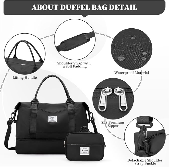 Weekender Bags for Women,Overnight Travel Duffel Bag with Shoes Compartment& Toiletry Bag,Extra Large(Black)