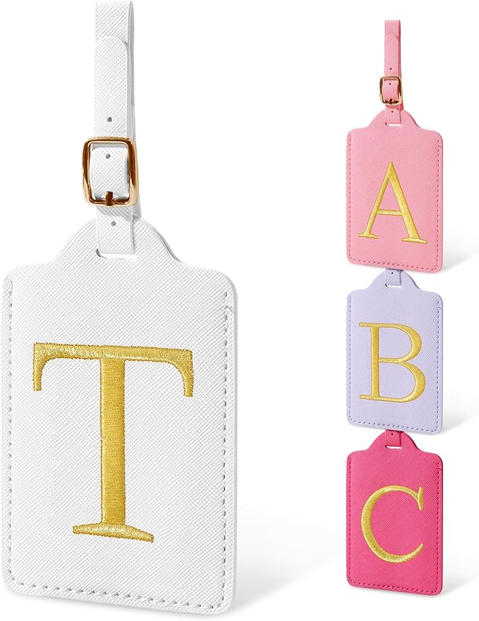 Initial Letter Luggage Tag for Suitcase, Cute Luggage Bag, Waterproof PU Leather Travel Luggage Tag, Suitcase Identifier Name Tag, Monogrammed Suitcases Tags, Bag Tags for Handbags(White T)