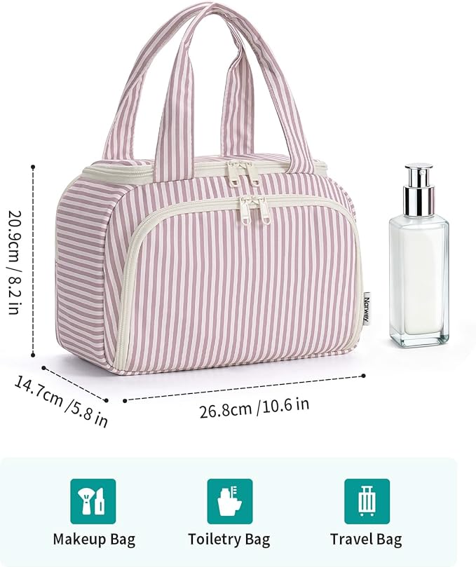 Narwey Striped Travel Toiletry Bag Large Makeup Bag for Women, Wide-open Cosmetic Make Up Organizer with Handle, Travel Bag for Toiletries, Essentials, Accessories (Dusty Pink Stripe)