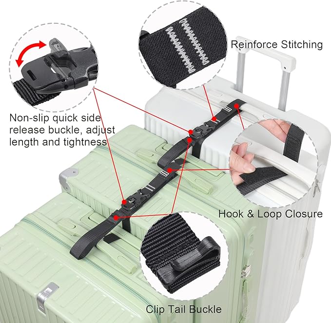 Luggage Straps, Stretchable Luggage Connector Straps for Suitcases, Quick Release Buckle Add A Bag Adjustable Attachment Accessories Belts (Black-Cam Buckle, 1" W)