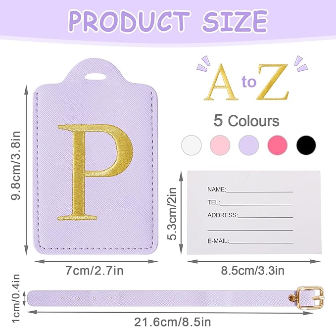 Initial Letter Luggage Tags for Suitcases, Personalized Embroidered Letter Luggage Bag Suitcase Identifier Name Tag, Cute PU Leather Travel Luggage Tags, Bag Tags for Luggage Handbags(Purple P)