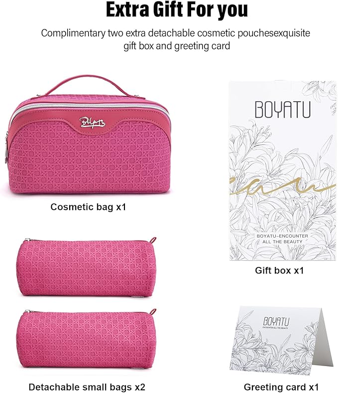 BOYATU Travel Makeup Bag Cosmetic Bags for Women: Large Capacity 3 Pcs Set Make up Bag with Compartments - Waterproof Vegan Leather Toiletry Organizer Bags with Handle (M-73Rose)