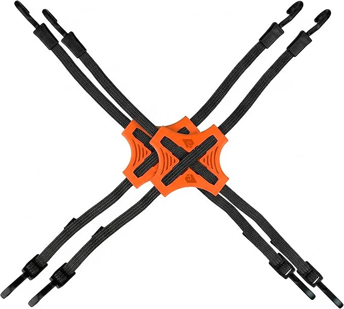 Tack Strap – 4-Way Flat Bungee Cord with Rubber Pad Grip, Non-Slip Tie Down Straps for Motorcycle, ATV, Kayak, Cycling, Camping, Truck Storage, Adjustable Bungee Cords - 2 Pack (Orange)