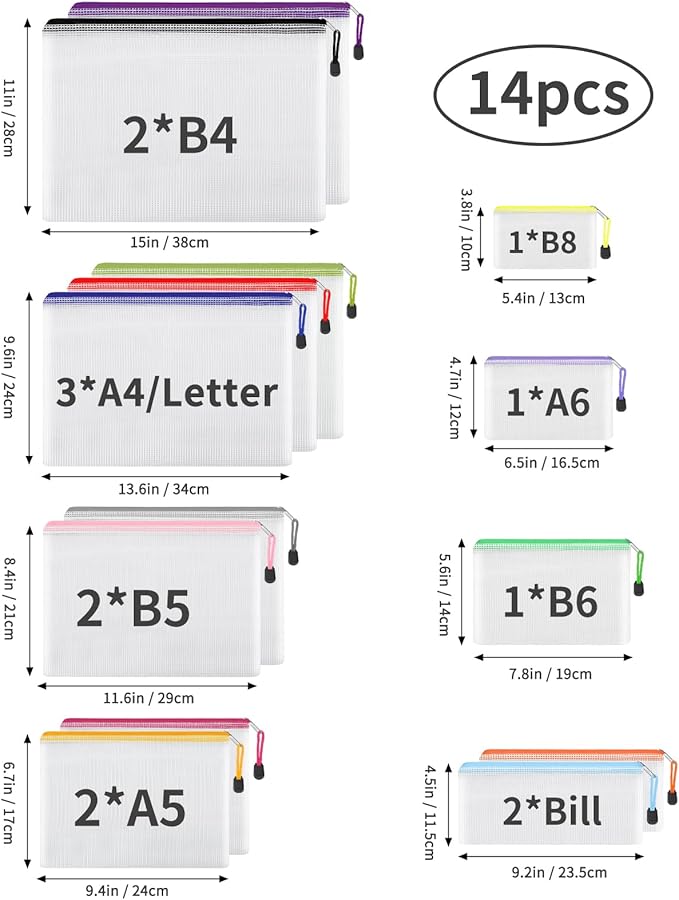 EOOUT 14pcs Zip Pouch Organizers, Mesh Bags with Zipper, 8 Sizes 14 Colors, Waterproof, for Travel, School, Office & Home