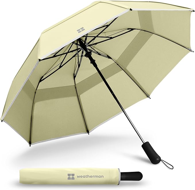 Weatherman Premium Collapsible Travel Umbrella - Windproof, Compact, Easy Auto Open - Resists Up to 55 MPH Winds - Perfect for Rain, Wind, Backpack, Car - Folding Umbrella (Sunlit Butter)