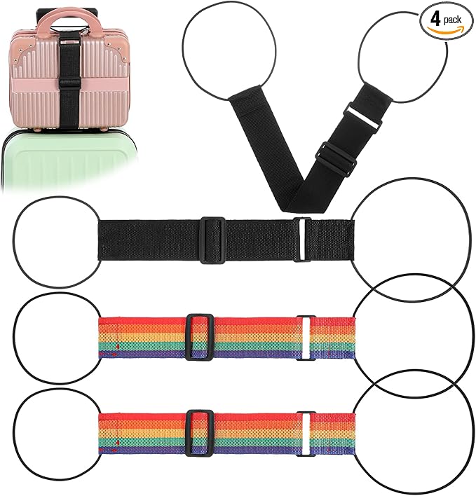 4 Pack Adjustable Luggage Straps Suitcase Belt for Add a Bag, Lightweight Easy Elastic Wrap Belts for Attaching Extra Bags, Luggage Straps Bag Bungee, Travel Accessories(Black/Rainbow)