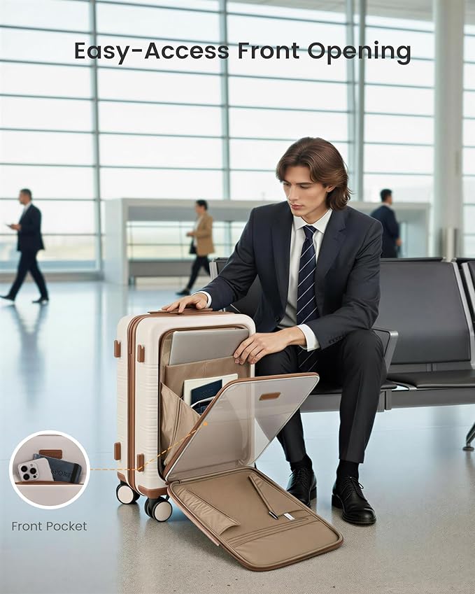 LOVEVOOK Carry On Luggage 22x14x9 Airline Approved with Detachable Pouch, 21 Inch Hardside Suitcases with Spinner Wheels, Lightweight Carry-on Luggage with TSA Lock for Women Men, 2PCS, Beige