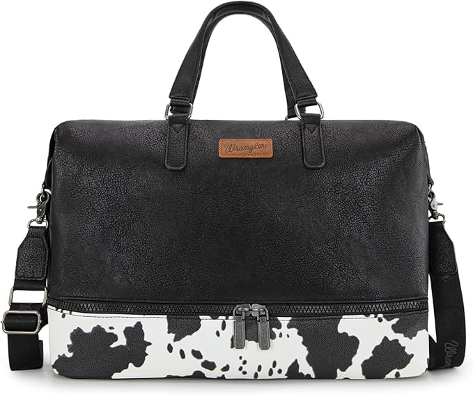 Wrangler Travel Duffel Bag Carry On Overnight Bag with Shoe Compartment Cow Print Weekender Bag for Women WG253-5110COW-BK