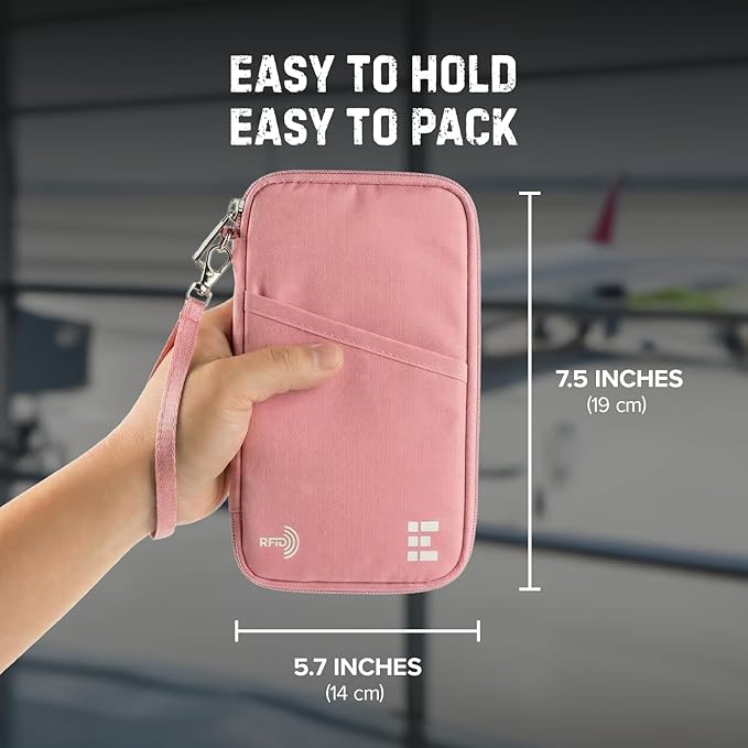 Zero Grid RFID Family Passport Holder for up to 6 Passports, Large Zippered Wallet for Men & Women, Fits Cards, Cash, ID, Sim Card; Premium & Compact Travel Document Holder - Rose Pink