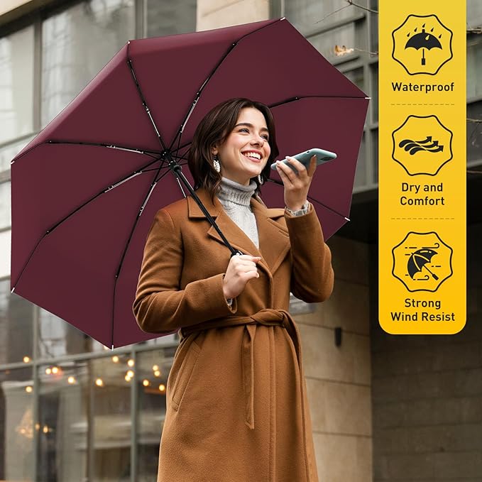 Windproof Travel Umbrella, Compact Umbrella, Car Umbrellas for Rain & Sun, 8 Fiberglass Ribs for Strong UV & Wind Resistance, Portable, Lightweight, Vent, Easy Automatic Open/Close
