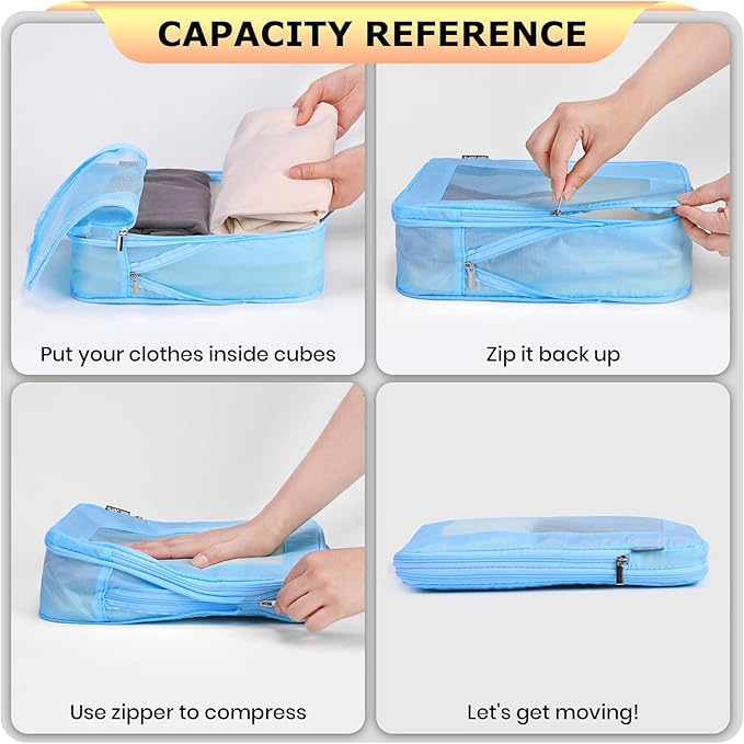 4 Set Ultralight Compression Packing Cubes Travel for Suitcases ，Compressible Mesh Packing Cubes for Travel Women Packing Organizers (Blue)