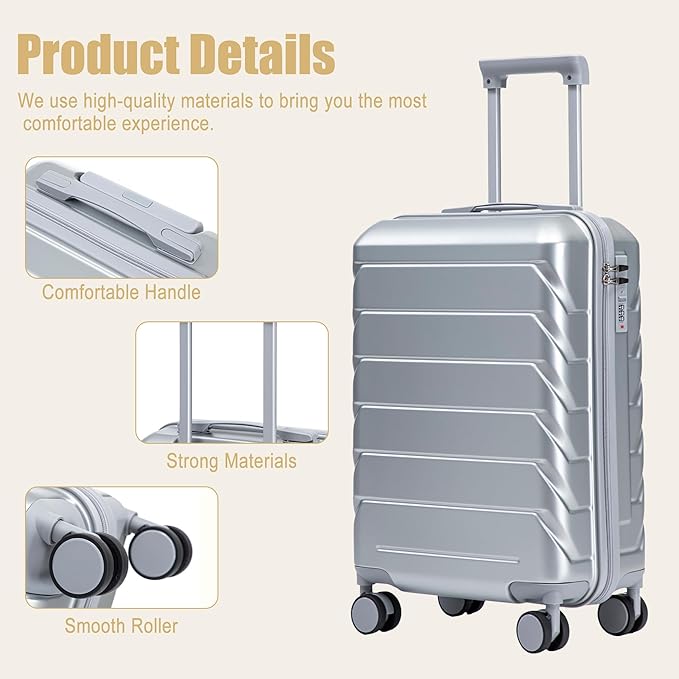 20 Inch ABS Hard Shell Travel Checked Luggage With Combination Lock, Sliver