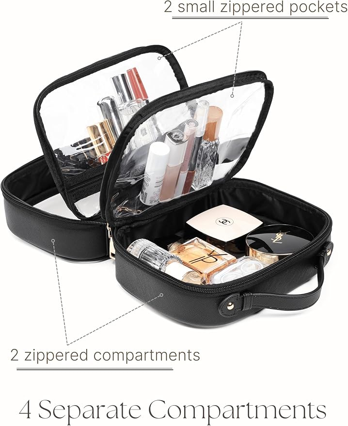 Clear Cosmetic Bag Double Layer Travel Toiletry Bag Clear Makeup Bag Case with 4 Compartments, Transparent Travel Bag for Toiletries, Large Toiletry Bag for Women Cosmetic Case (Black, Small)
