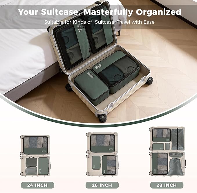8-Piece Compression Packing Cubes for Travel, Trendy Luggage Organizer Set for Young Travelers, Space Saving for Carry-On, Suitcase, Vacation & Weekend Trips - Avocado Green