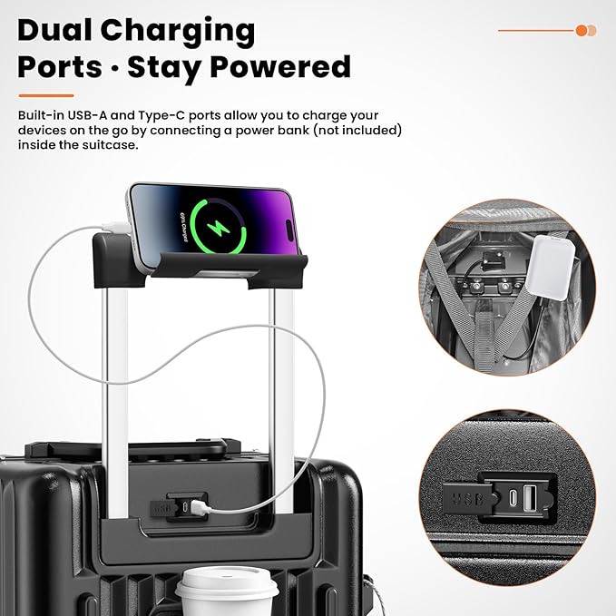 Carry on Luggage, 20 Inch Aluminum Frame PC Hardshell Suitcase with Cup Holder & Charger Port, Airline Approved Weekend Business Travel Case with Spinner Wheels, Tsa Lock