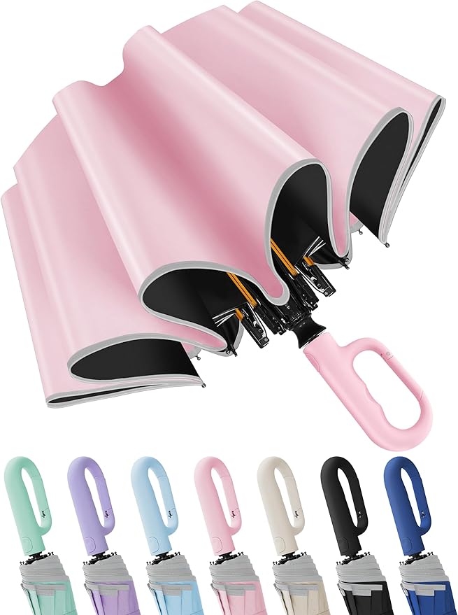 Seniny Travel Umbrella with Carabiner Handle, Windproof Large Umbrellas for Rain with Dual-Rib Structure, Portable Compact Umbrella with Reflective Strip, Car Backpack UV Umbrellas for Sun Protection
