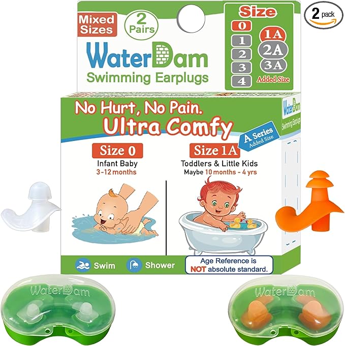 WaterDam A-Series Swimming Ear Plugs Ultra Comfy Great Waterproof Earplugs (Mixed Sizes, Size 0+1A: Infants Babies Toddlers 3-18months (Clear Orange))